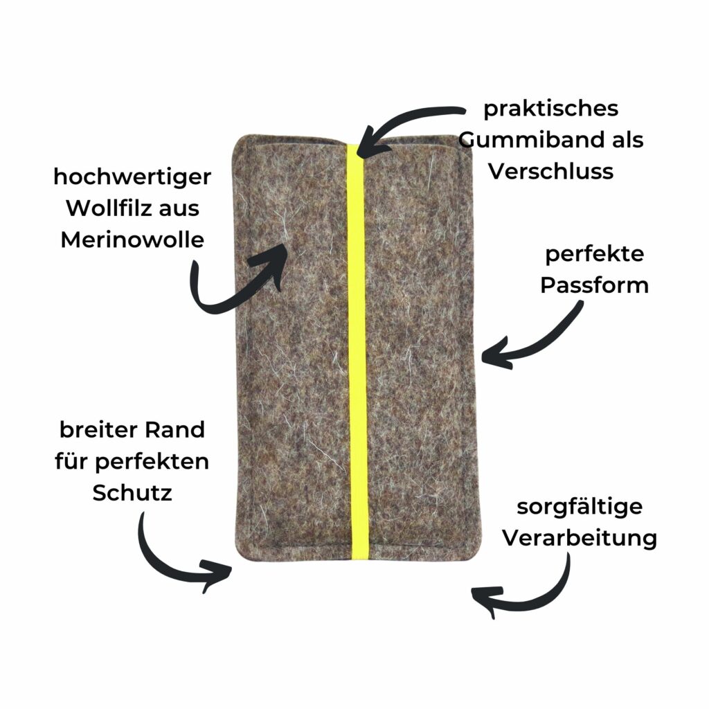 Handyhülle aus Filz mit zitronengelbem Gummiband